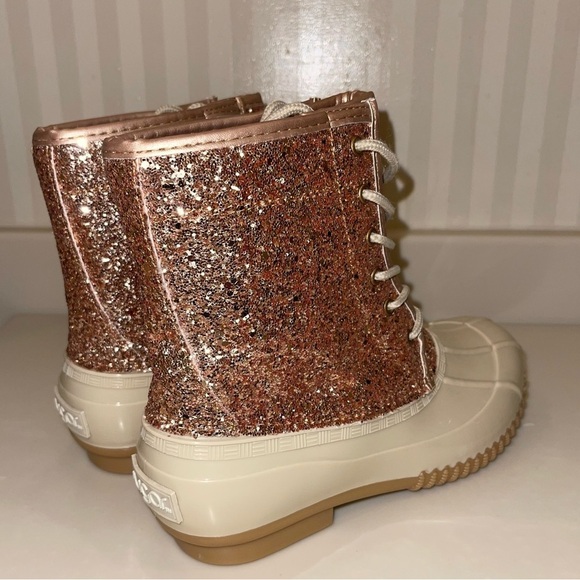 Sugar “Skipper” Rose Gold Glitter Lace Up Rain Snow Duck Boots - Picture 11 of 16